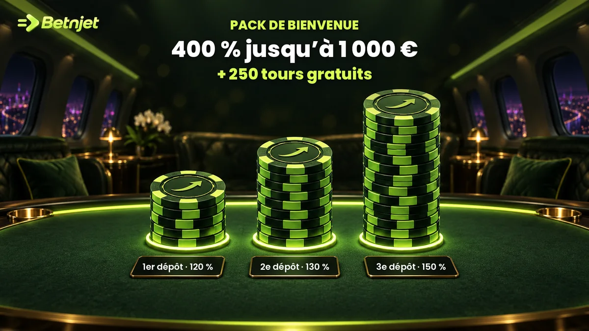 Pack de bienvenue Betnjet sur trois dépôts, jusqu’à 1 000 € et 250 tours gratuits